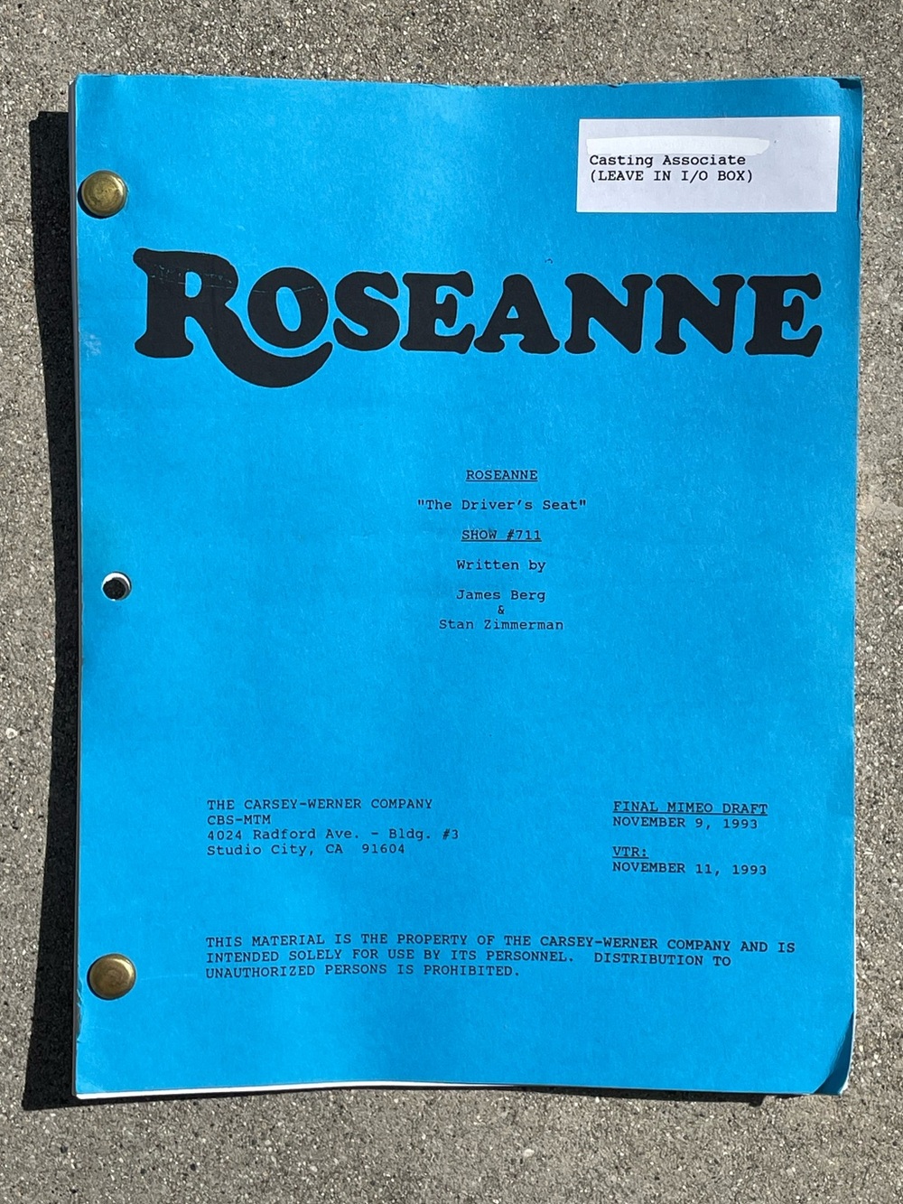 Roseanne Vtg 1993 Production Used Final Mimeo Draft Script The Drivers Seat View 2